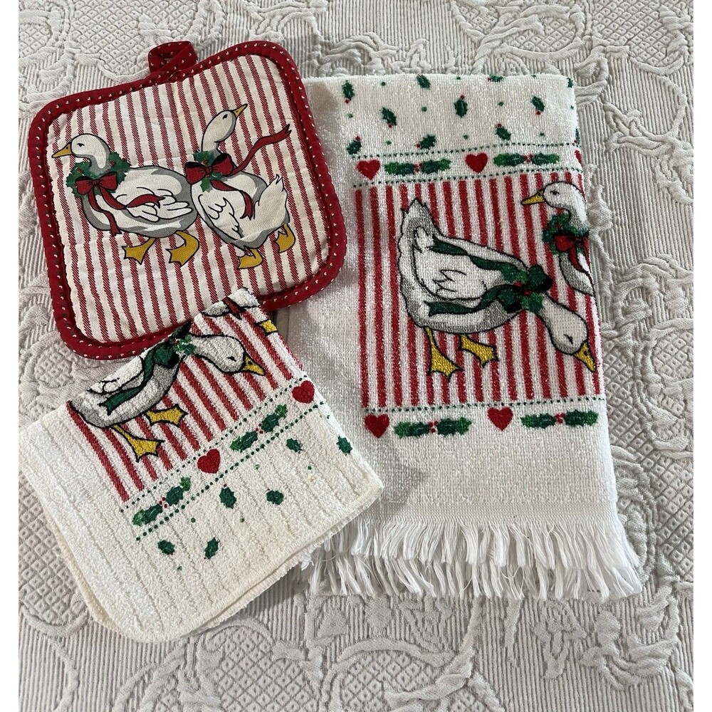 Vtg Goose Kitchen Towel Potholder Dishcloth Christmas Farmhouse Cottagecore
